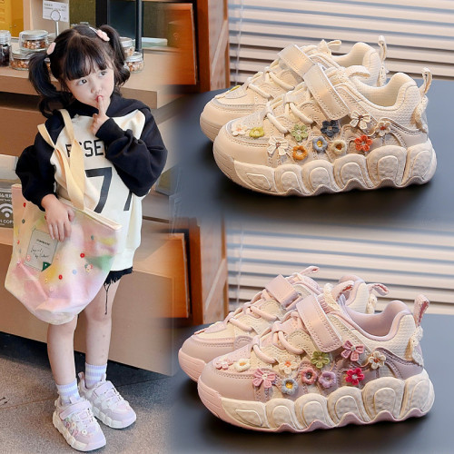 兒童鞋新款2025春秋季透氣女童花朵麵包鞋小蝴蝶結時尚學生款童鞋