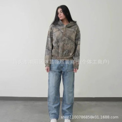 數碼美式高街時尚連帽迷彩楓葉衛衣2024春秋新款復古男女衛衣開衫
