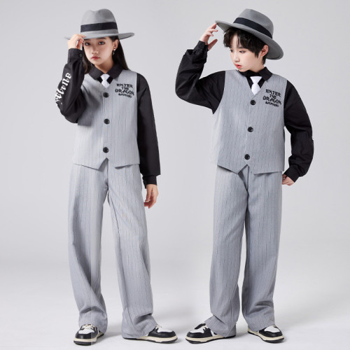 兒童爵士舞套裝西裝馬甲潮服Popping街舞演出服locking鎖舞男女童