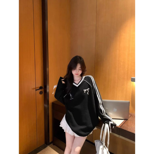 美式V領撞色刺綉長袖T恤女秋季新款設計感蝴蝶結寬松小衆別致上衣
