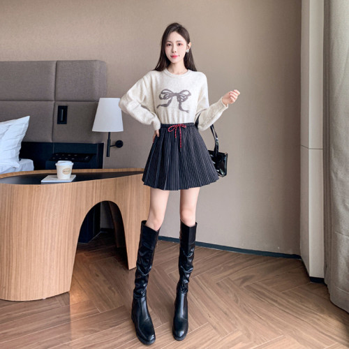 美式復古條紋百褶裙女秋冬韓版高腰學院風甜美休閒A字半身裙