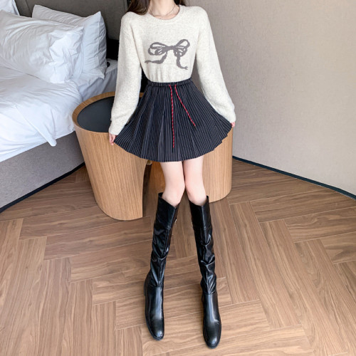 美式復古條紋百褶裙女秋冬韓版高腰學院風甜美休閒A字半身裙