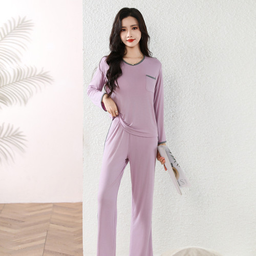 春秋新款莫代爾睡衣女帶胸墊寬松大碼夏天家居服套裝長袖長褲外穿