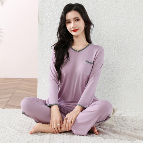 春秋新款莫代爾睡衣女帶胸墊寬松大碼夏天家居服套裝長袖長褲外穿