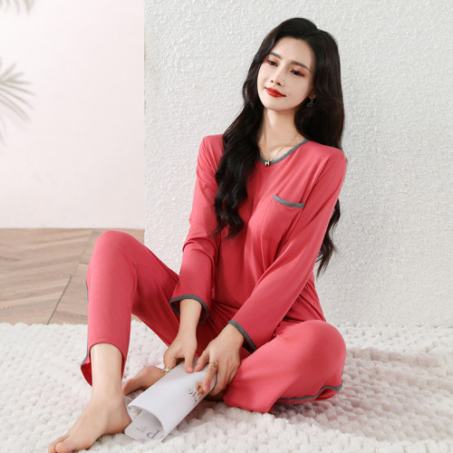春秋新款莫代爾睡衣女帶胸墊寬松大碼夏天家居服套裝長袖長褲外穿