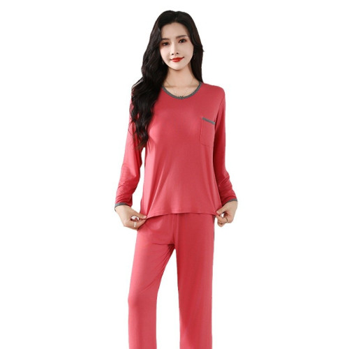 春秋新款莫代爾睡衣女帶胸墊寬松大碼夏天家居服套裝長袖長褲外穿