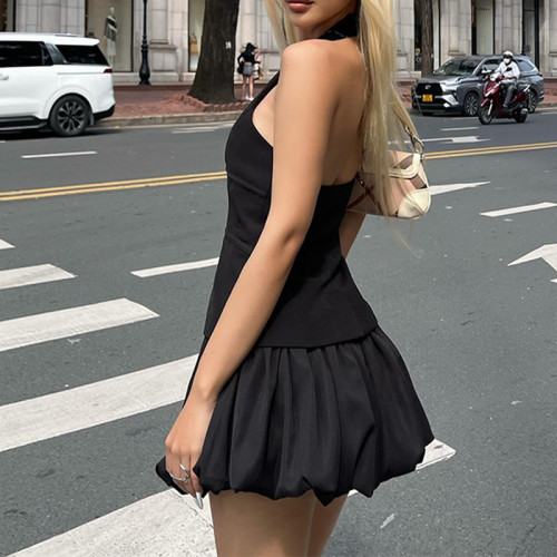 ins歐美風2024秋季新款性感深V低胸鏤空掛脖背心女花苞半身裙套裝