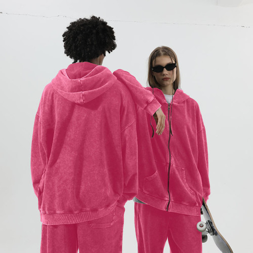 350克歐碼美式復古洗水做舊拉鍊連帽衛衣潮款開衫外套 oversize