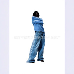 美式個性街頭條紋牛仔褲時尚寬松濶腿休閒拖地長褲春秋季新款中性