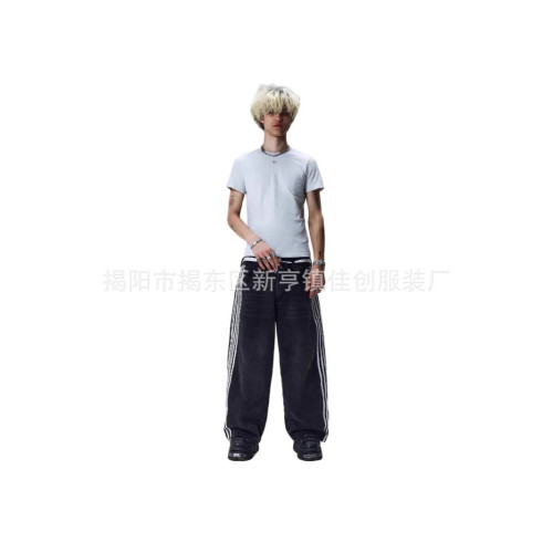 美式個性街頭條紋牛仔褲時尚寬松濶腿休閒拖地長褲春秋季新款中性