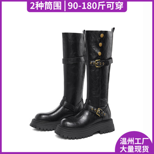 巨顯瘦~雙筒圍厚底高筒靴皮帶釦不過膝靴子女長筒靴絲襪騎士靴