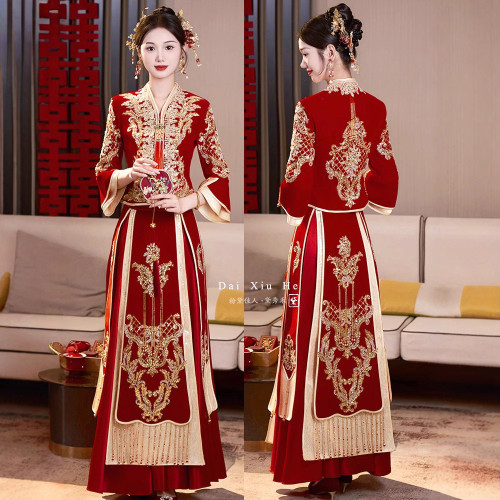 小個子絲絨V領秀禾服新娘 2024新款低領結婚禮服敬酒服中式嫁衣