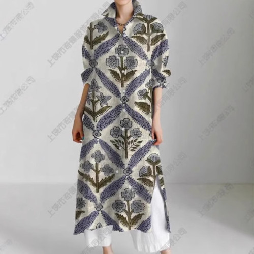2024秋冬新款女裝休閒抽象藝術印花長袖開衩襯衫裙