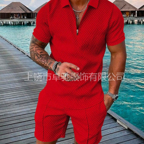 2024POLO拉鍊衫短袖套裝獨立站歐美男裝新款獨立站休閒運