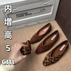 小方頭豹紋內增高單鞋女秋冬絨面法式通勤兩穿平底單鞋瓢鞋奶奶鞋