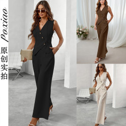 歐美純色v領無袖高腰女裝褲子套裝