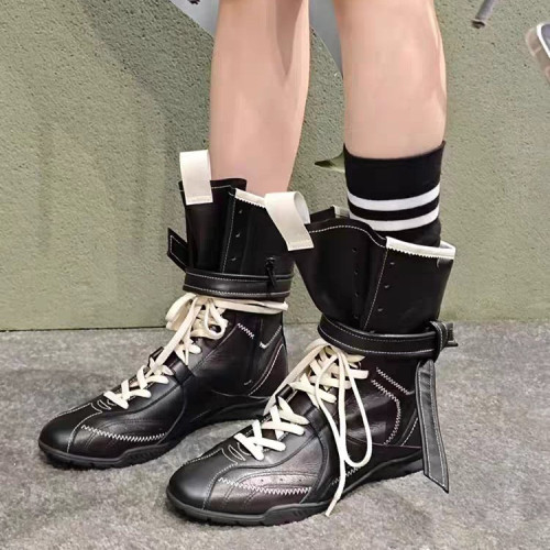 牛皮版~平底內增高馬丁靴女2024新款拳擊靴磨砂皮系帶短靴德訓靴