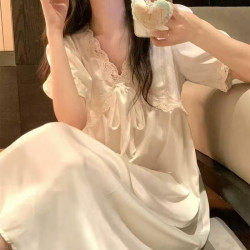 宮廷夏季新款甜美公主風冰絲睡裙女法式性感V領花邊蝴蝶結家居服