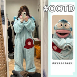 漢頓醜魚可愛搞怪連體情侶睡衣男女冬季沙雕加厚珊瑚絨卡通家居服