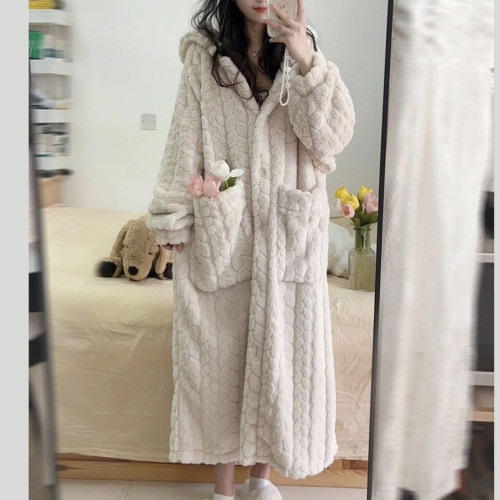 可愛小倉鼠睡衣女秋冬季珊瑚絨加厚長款法蘭絨學生連帽冬季睡袍女