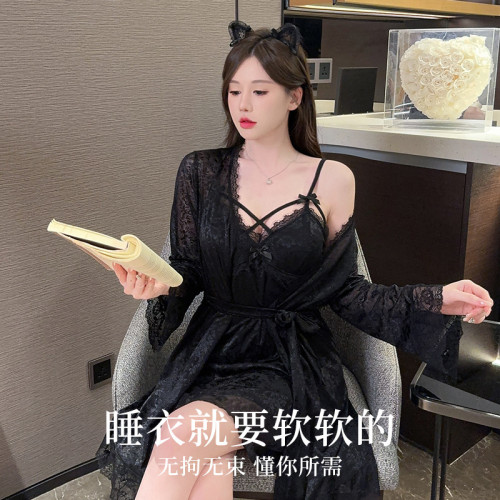 舒貝妮新款深V提花拼接蕾絲加胸墊性感吊帶睡裙外袍家居服套裝