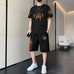 夏季新款個性潮男國風兩件套痞帥時尚潮流短袖短褲休閒運動套裝