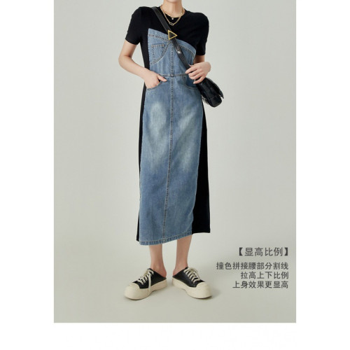 歐洲站韓系牛仔拼接連衣裙2025春新款女小衆設計感法式長裙子質感