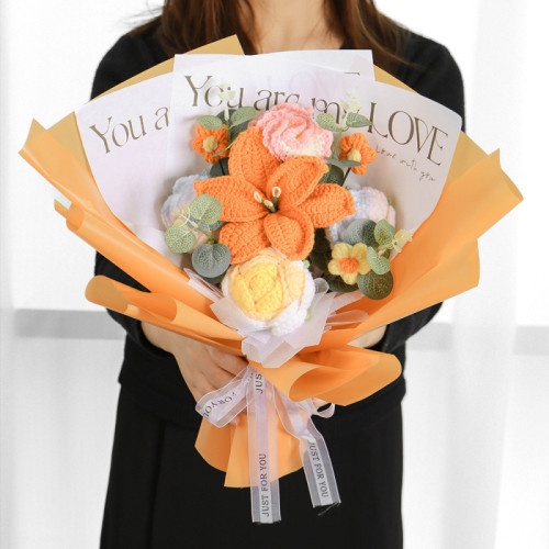 百合花成品一束手工毛線編織玫瑰仿真永生花教師節畢業針織花
