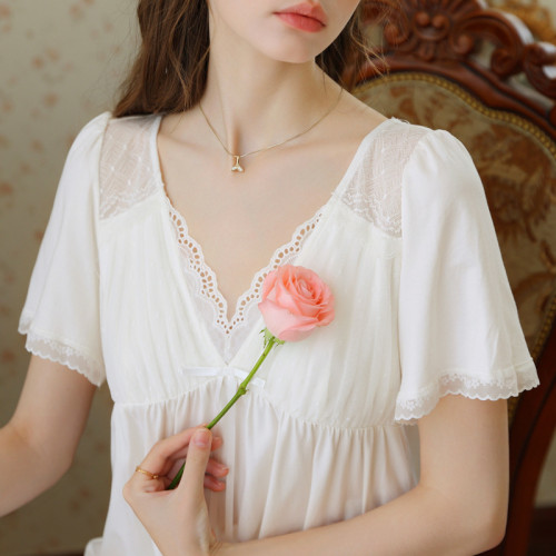 棉短袖睡裙夏季性感V領高腰顯瘦居家睡衣甜美法式公主風少女新款