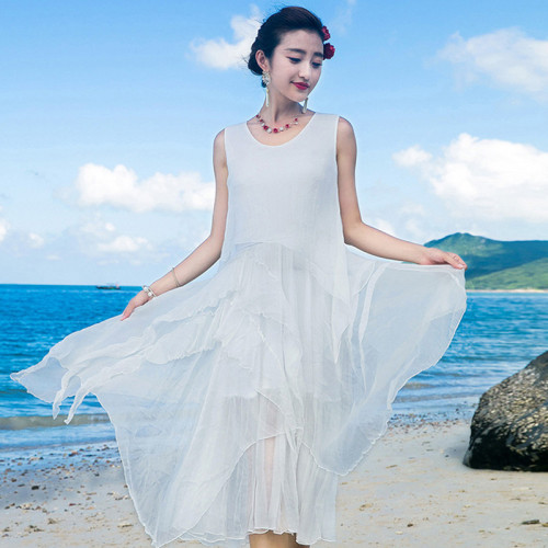 夏季新款歐美時尚長裙純真絲連衣裙不對稱桑蠶絲大擺裙仙女