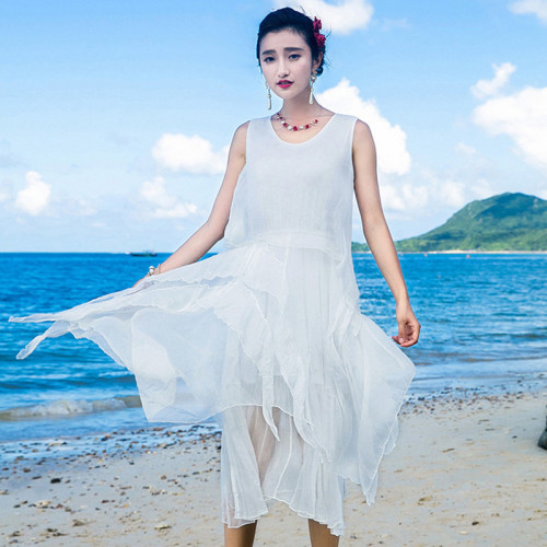 夏季新款歐美時尚長裙純真絲連衣裙不對稱桑蠶絲大擺裙仙女