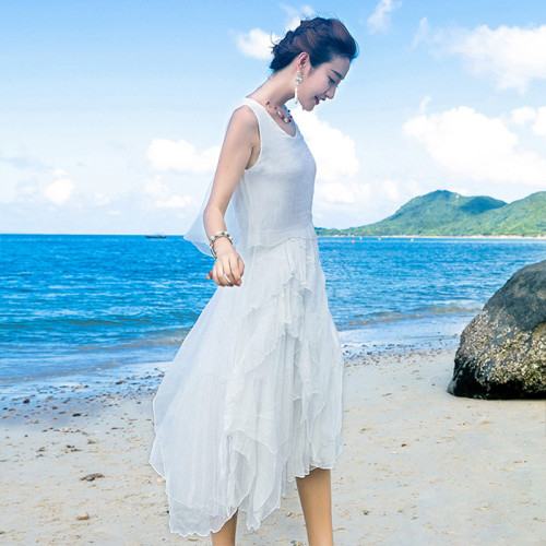 夏季新款歐美時尚長裙純真絲連衣裙不對稱桑蠶絲大擺裙仙女