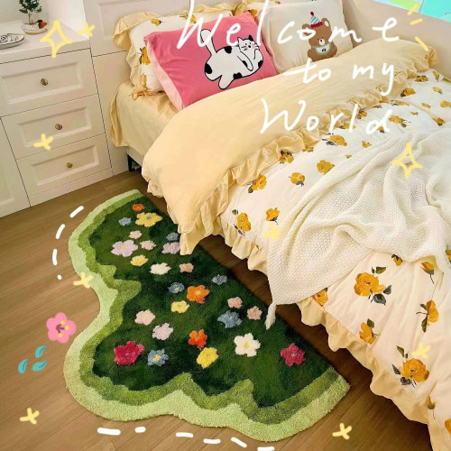 植絨小清新可愛花叢地毯地墊臥室床邊毯