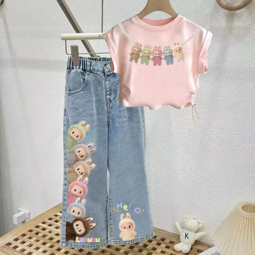 童裝2025夏季新款女童甜美卡通印花T恤上衣寶寶牛仔褲套裝
