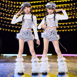嘻哈亮皮街舞褲時髦女童爵士舞服裝女孩套裝少兒模特走秀元旦演出