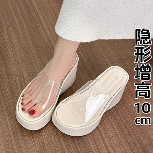2025新款真皮坡跟透明一字拖鞋女增高小個子厚底半拖鞋高跟涼拖32