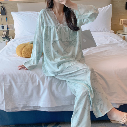 棉綢睡衣春夏女士蕾絲邊印花長袖長褲兩件套防凸點可愛薄款睡衣