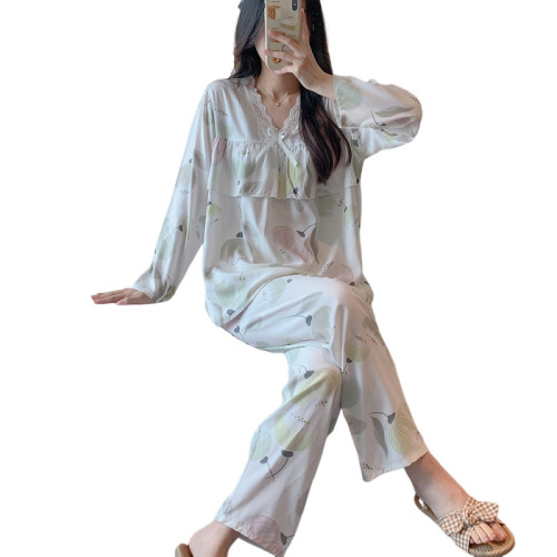 棉綢睡衣春夏女士蕾絲邊印花長袖長褲兩件套防凸點可愛薄款睡衣