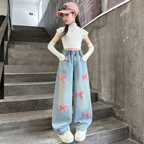 女童秋款牛仔褲2025新款韓版中大童時髦毛巾綉濶腿褲拖地褲長褲潮