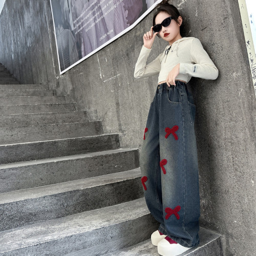 女童秋款牛仔褲2025新款韓版中大童時髦毛巾綉濶腿褲拖地褲長褲潮