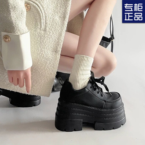厚底時尚百搭系帶小皮鞋女2025春季新款小個子超厚底增高10cm單鞋