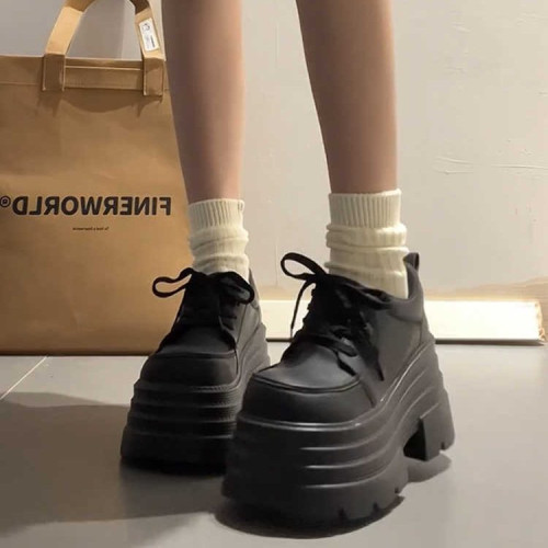 厚底時尚百搭系帶小皮鞋女2025春季新款小個子超厚底增高10cm單鞋