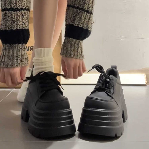 厚底時尚百搭系帶小皮鞋女2025春季新款小個子超厚底增高10cm單鞋