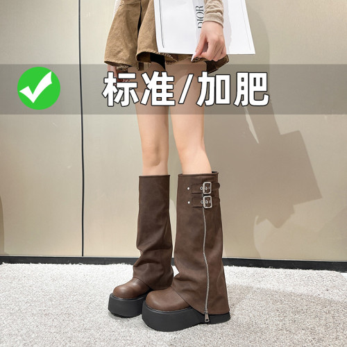 8285-2秋冬季加寬長筒靴女小個子褲管靴騎士靴厚底胖MM絨裡中筒靴