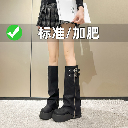 8285-2秋冬季加寬長筒靴女小個子褲管靴騎士靴厚底胖MM絨裡中筒靴