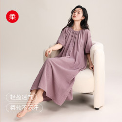 春夏睡裙女士圓領套頭寬松休閒雙層紗全棉短袖長款睡袍外穿家居服