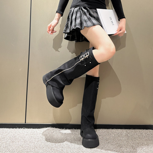 2025年秋季長筒靴女小個子褲管絨裡騎士靴厚底增高胖MM加寬中筒靴