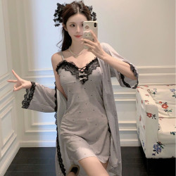 春夏季日系甜美吊帶睡袍女士性感薄款吊帶冰絲睡裙純欲風睡袍長袖