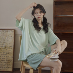 夏季新款帶胸墊睡衣女士夏天短袖冰絲螺紋韓系寬松圓領家居服套裝