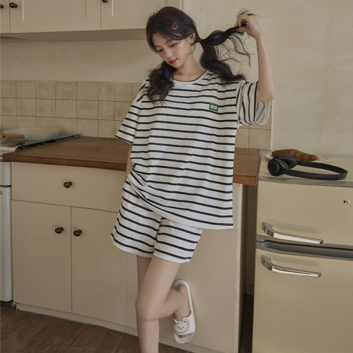 夏季新款帶胸墊睡衣女士夏天短袖冰絲螺紋韓系寬松圓領家居服套裝